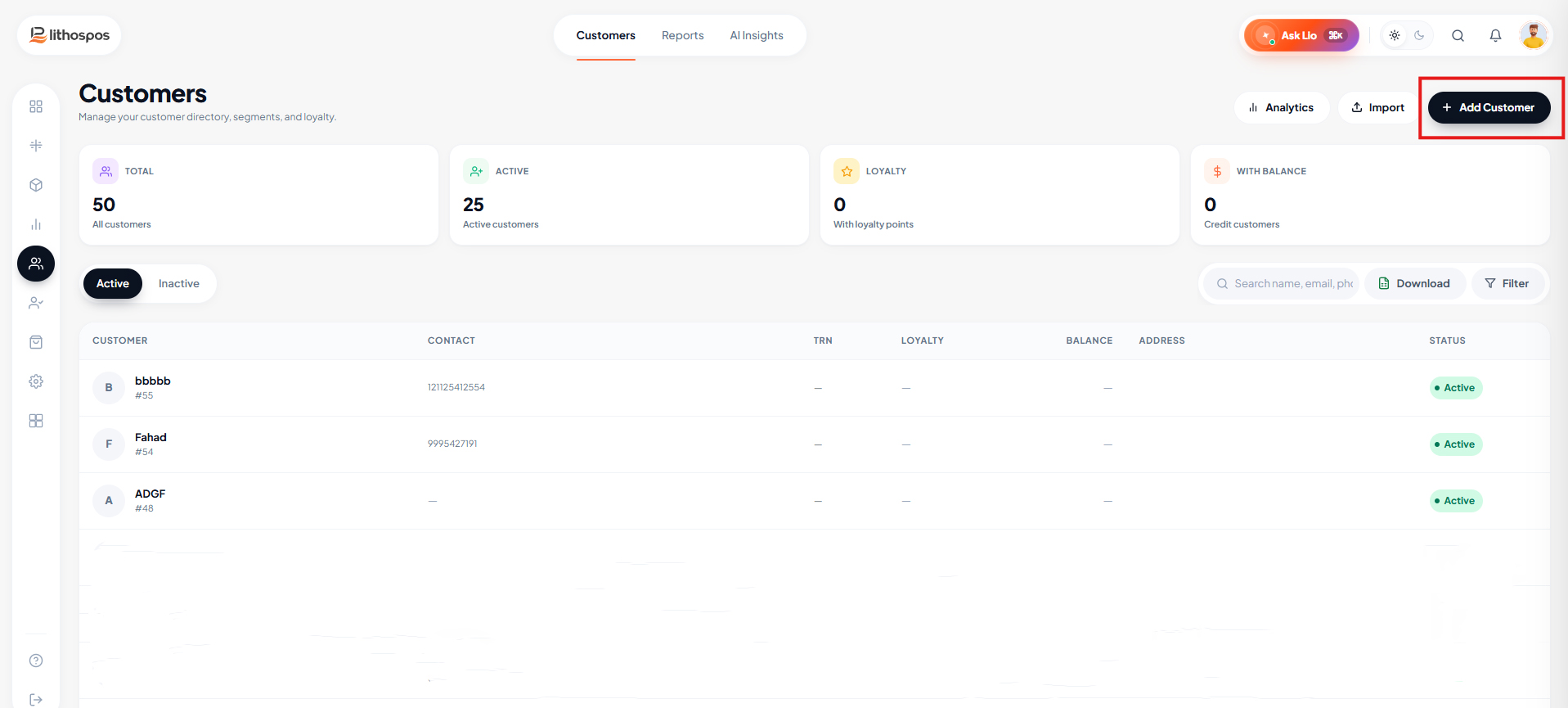 customer list screen