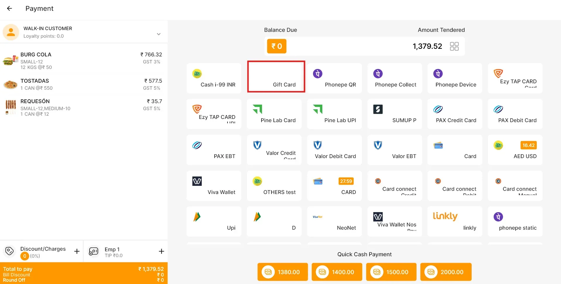 gift card in pos screen
