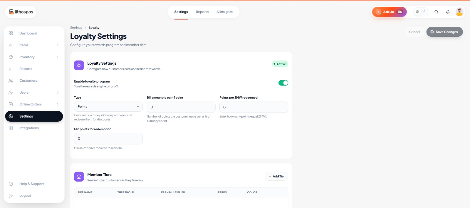 loyalty settings page