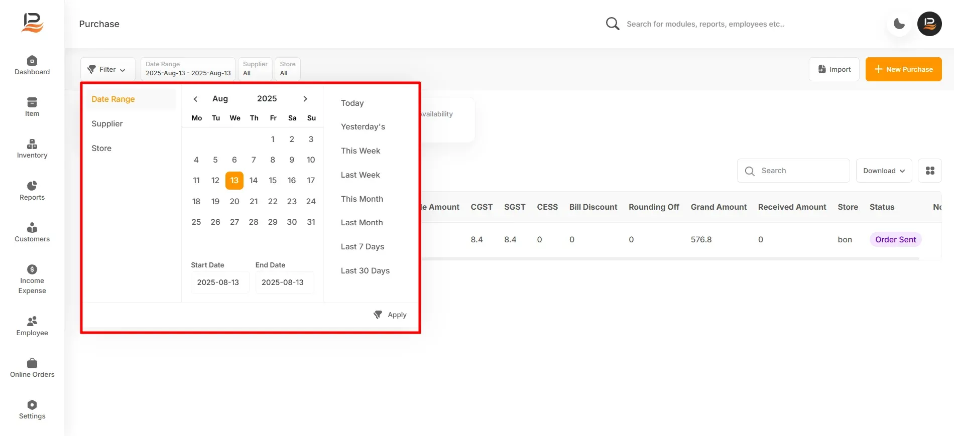 filter purchase orders
