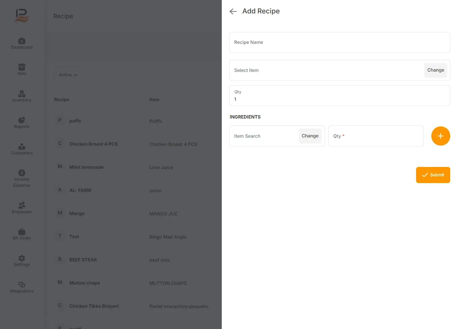 recipes screen