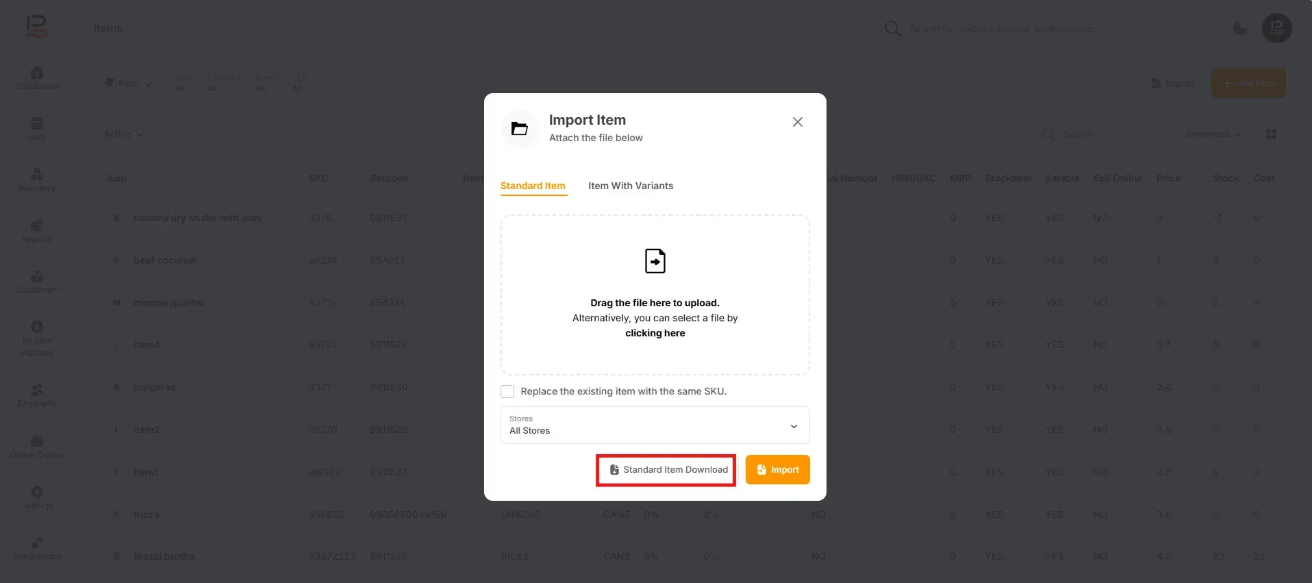 import item popup
