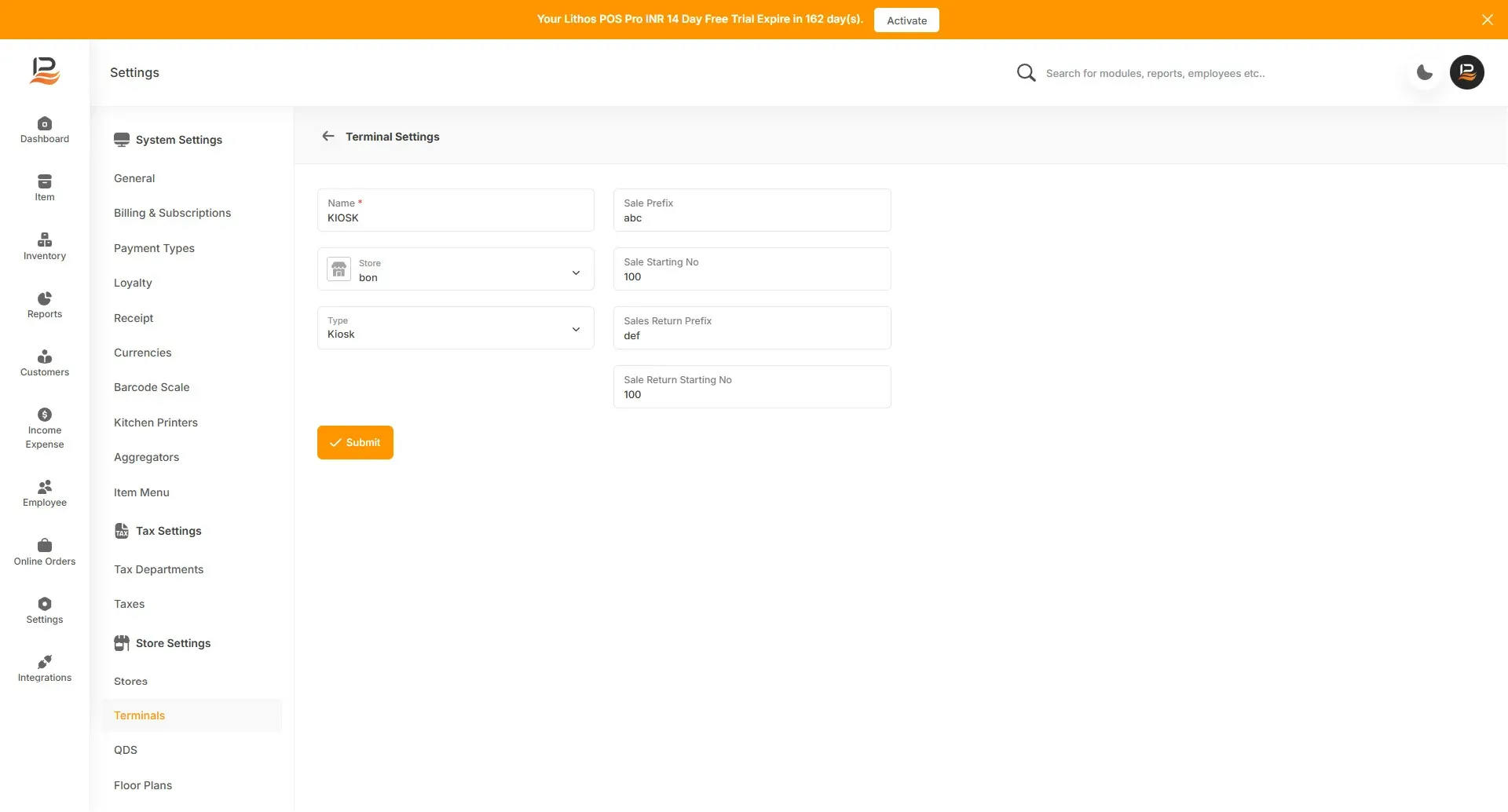 kiosk in backoffice